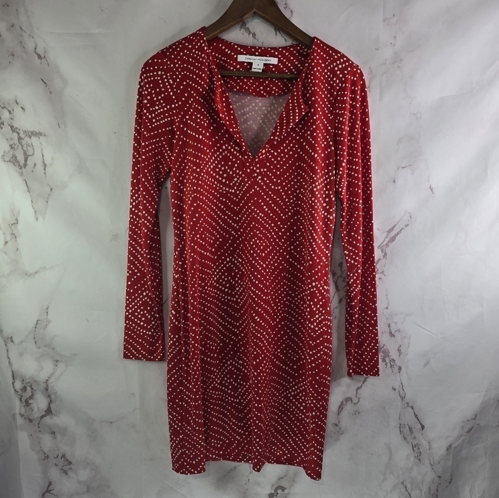 Diane Von Furstenberg Dress Womens Small 4 Red Mini Polka Dot V Neck Short